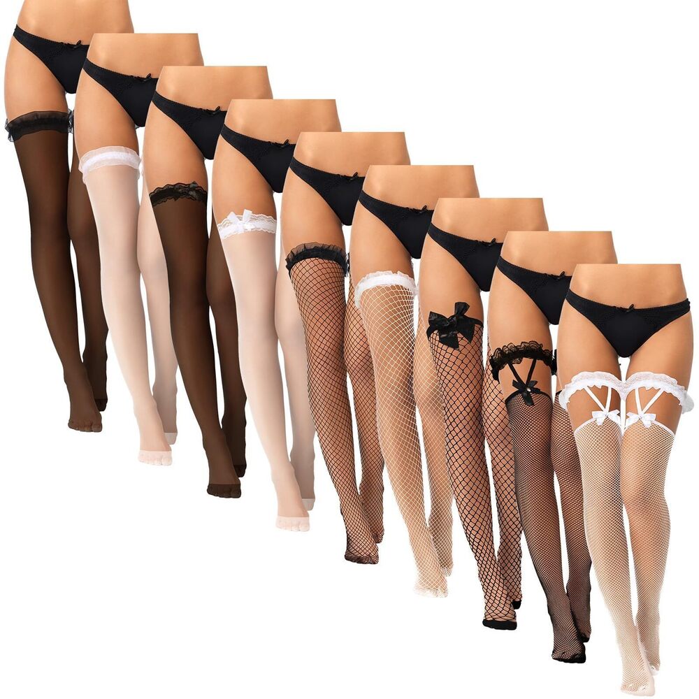 5287 9 Pairs Thigh High Fishnet Stockings Silky Thigh High Stockings Lace